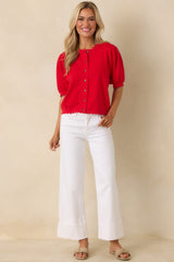Simply So Cute Red Knit Scalloped Edge Puff Sleeve Button Up Cardigan