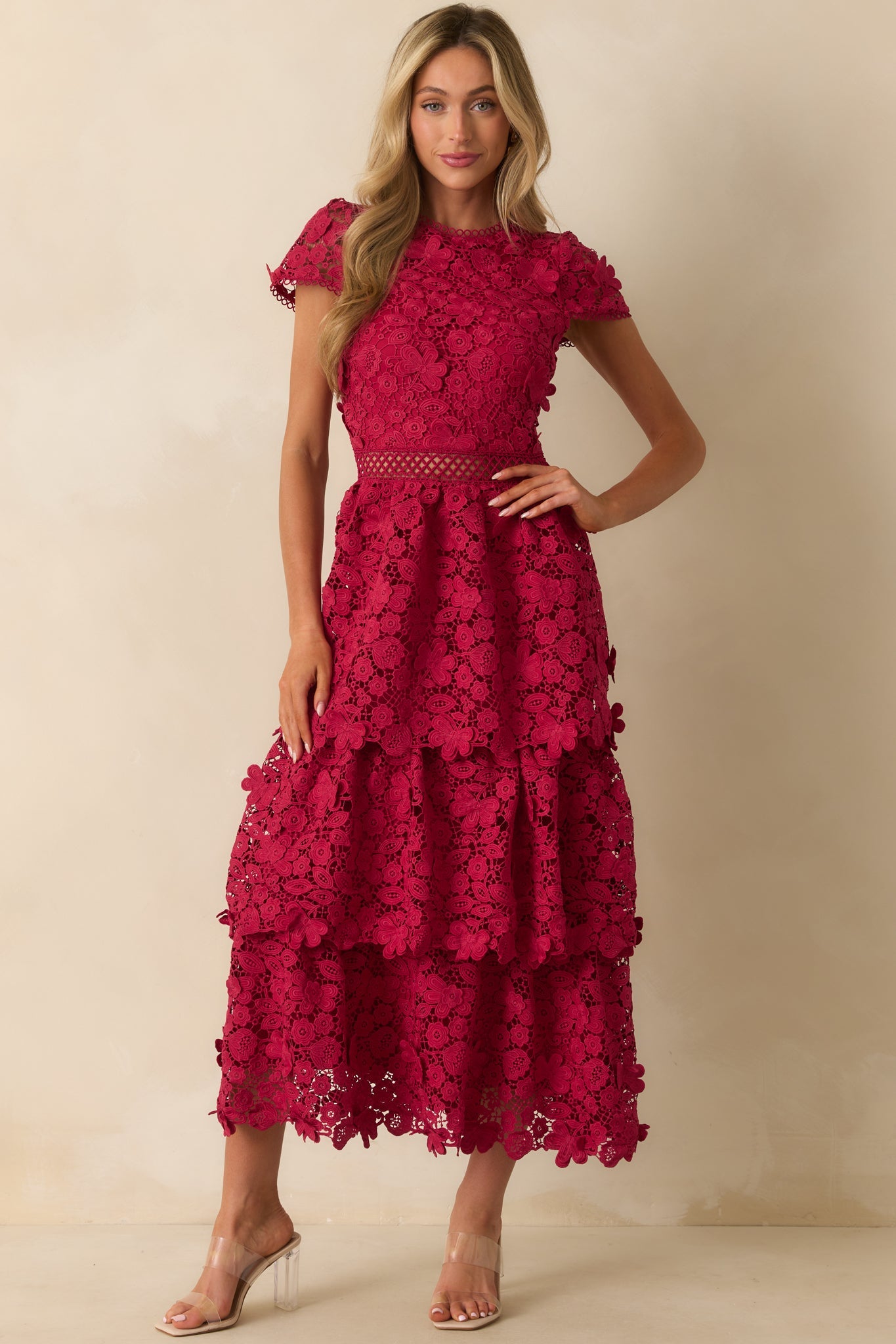A Matter Of Time Red Floral Guipure Lace Tiered Maxi Dress
