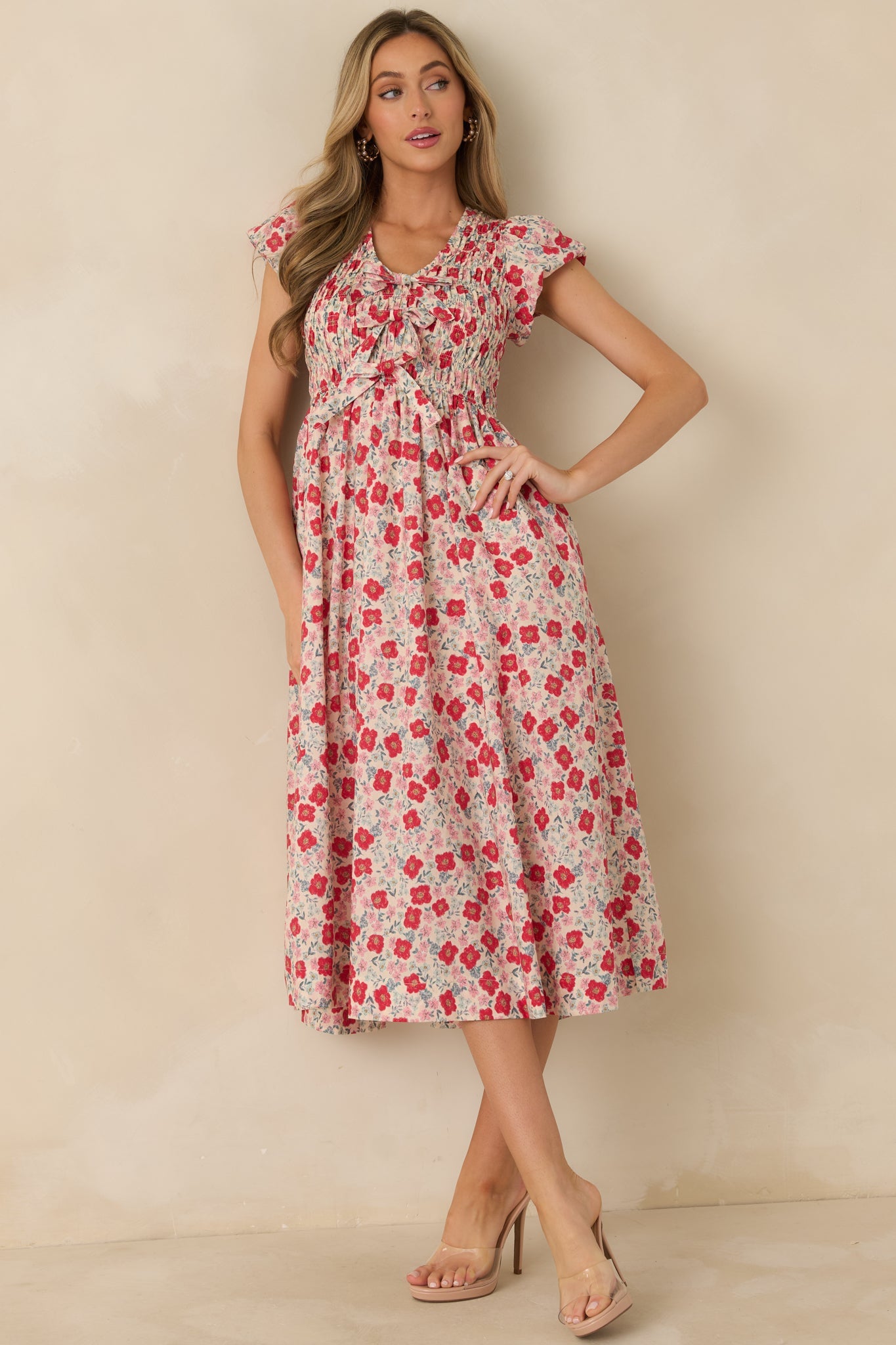 Tied With Love Red Multi Floral Print Cotton Bow Detail Midi Dress