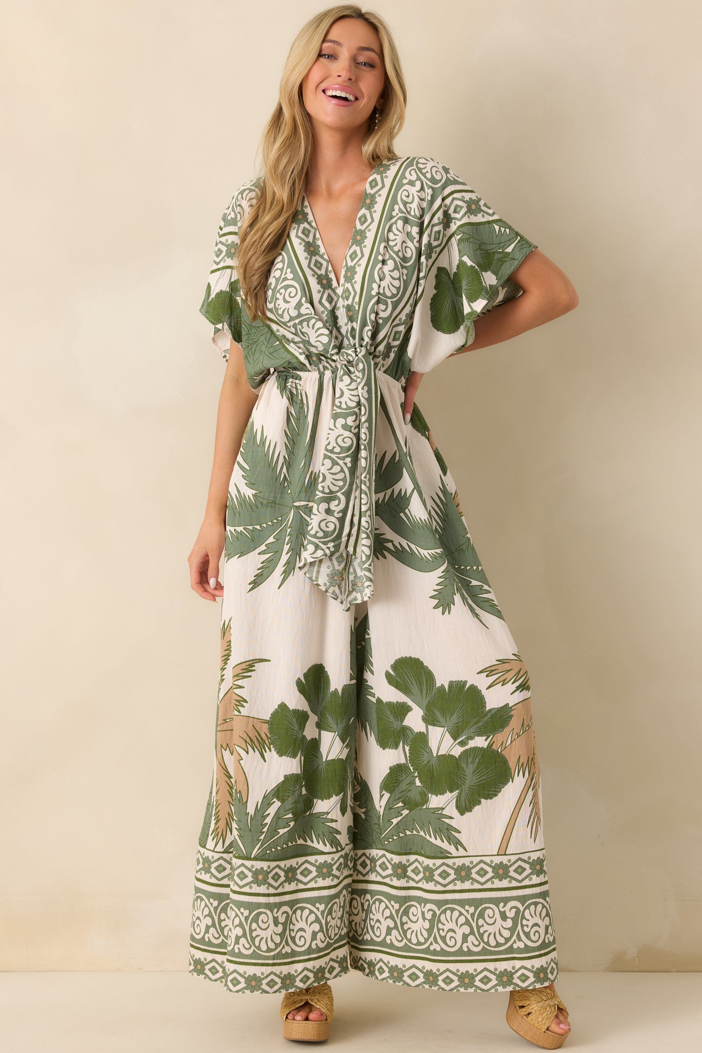 Leave Them Guessing Green Multi Tropical Print Jumpsuit