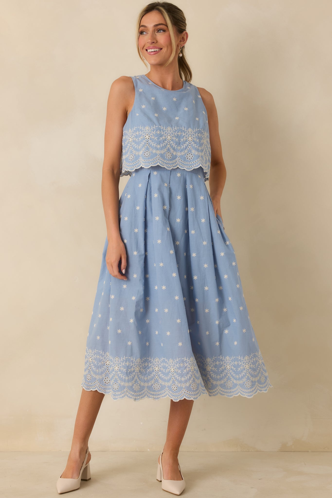 Right Here Waiting Light Blue Cotton Scallop Lace Embroidered Midi Dress