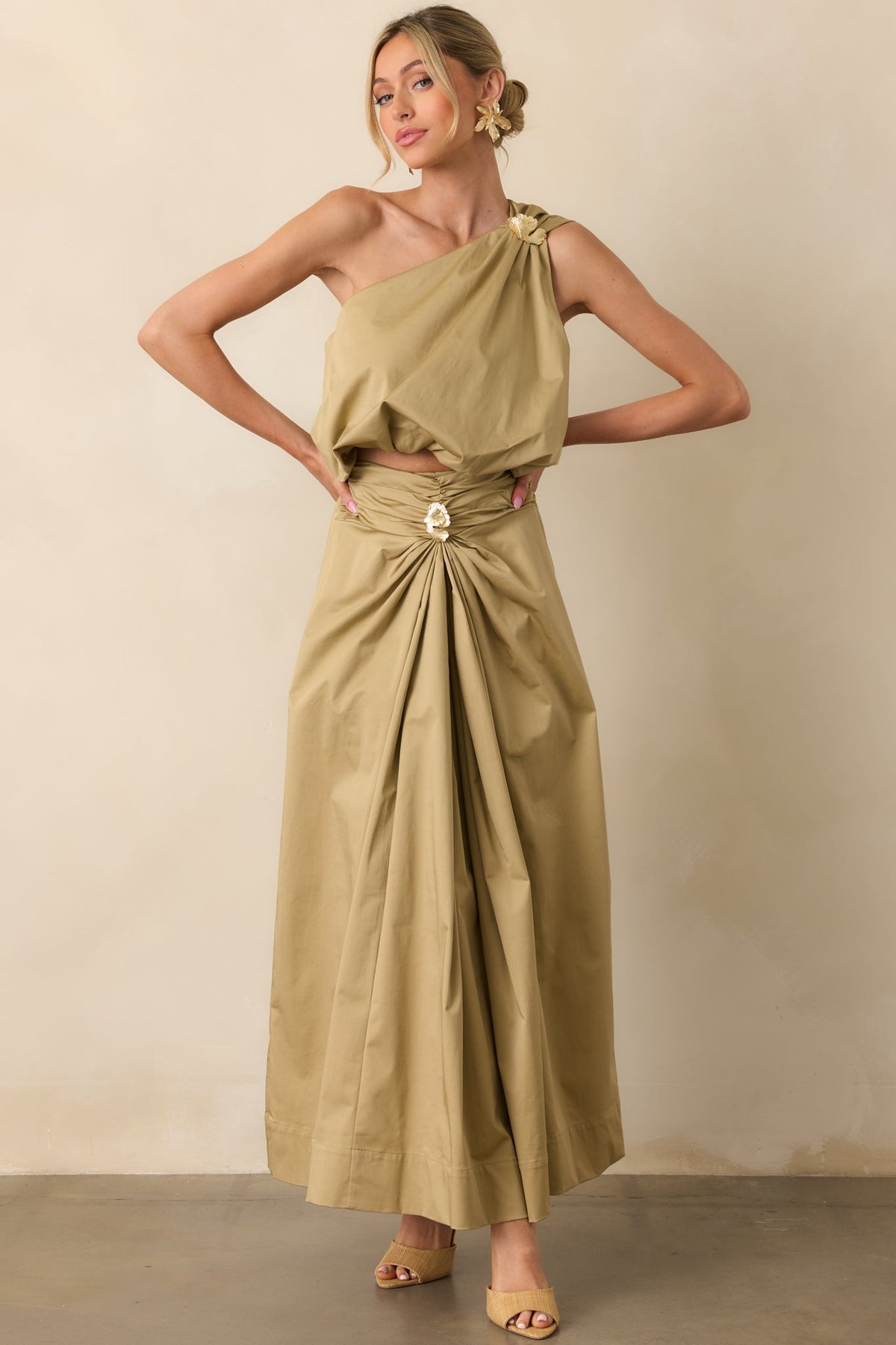 Get My Good Side Tan Ruched Drape Maxi Skirt