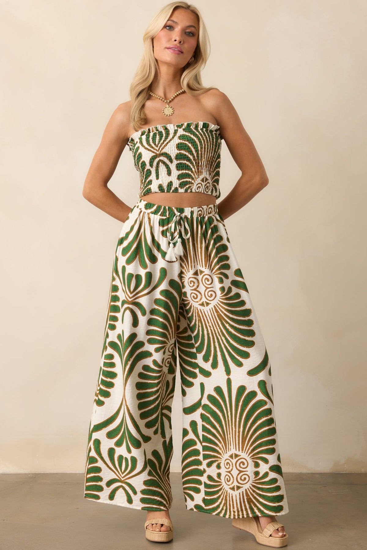 Endless Days Green Abstract Print Wide Leg Drawstring Pants