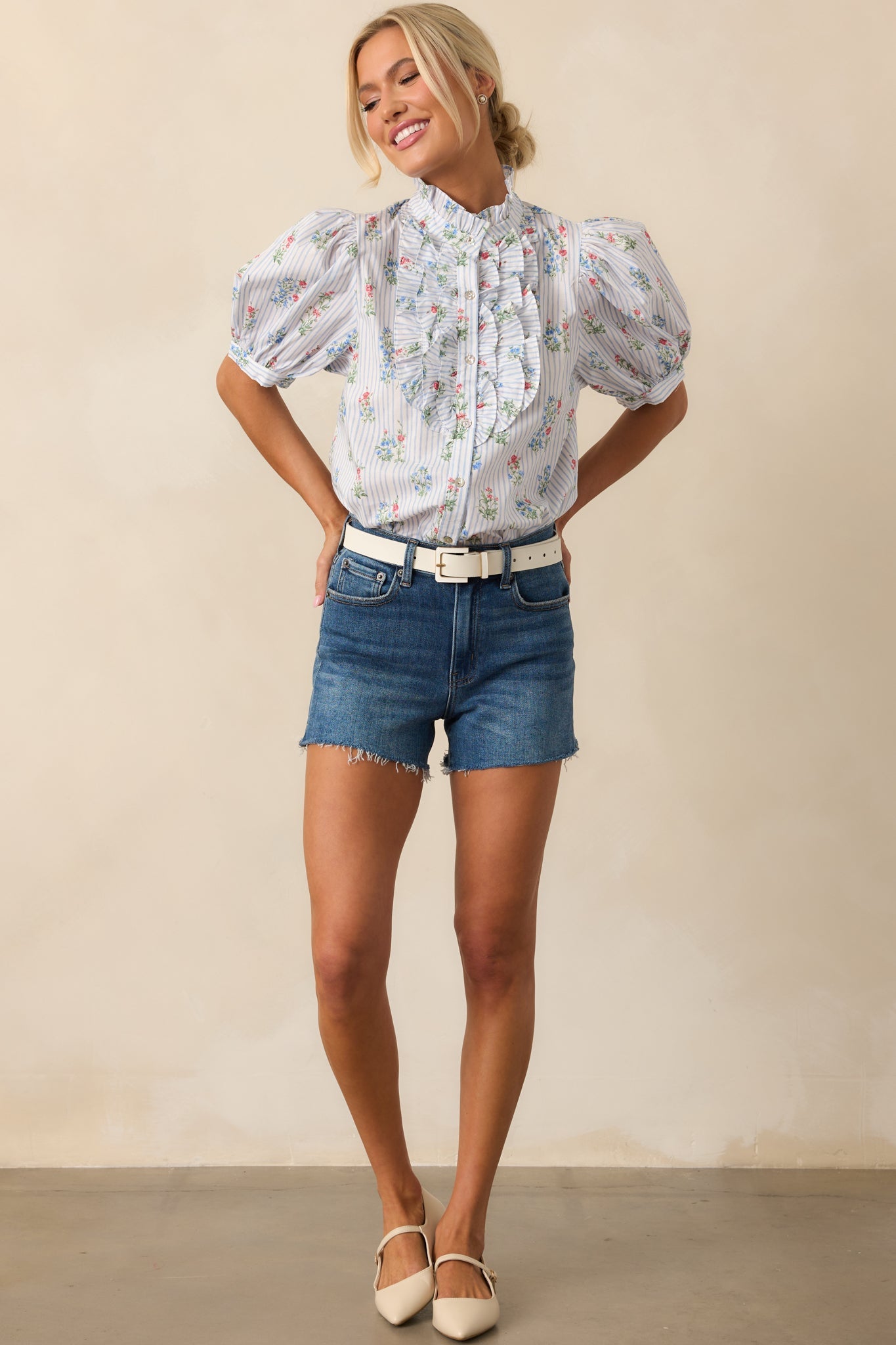 Things Happen Light Blue Stripe Floral Cotton Button Front Top