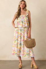Seaside Bliss Ivory Multi Tropical Print Linen Maxi Skirt