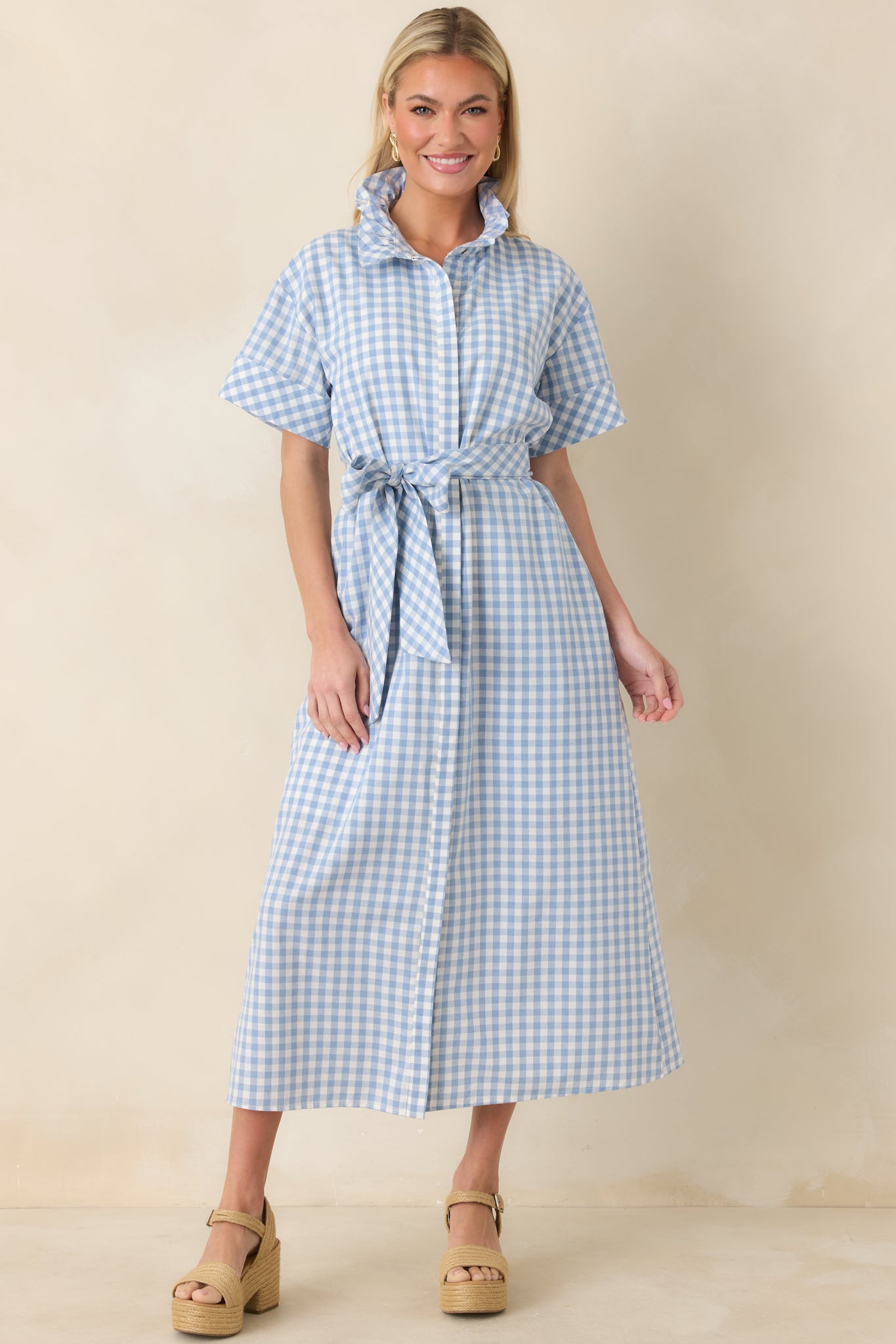 Check Me Out Blue Gingham Ruffle Collar Belted Maxi Dress