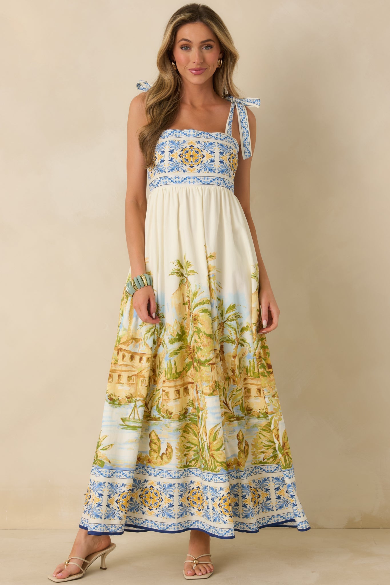 Paradise in Sunlight Ivory Multi Tie-Strap Cotton Maxi Dress