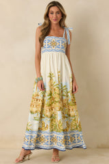 Paradise in Sunlight Ivory Multi Tie-Strap Cotton Maxi Dress