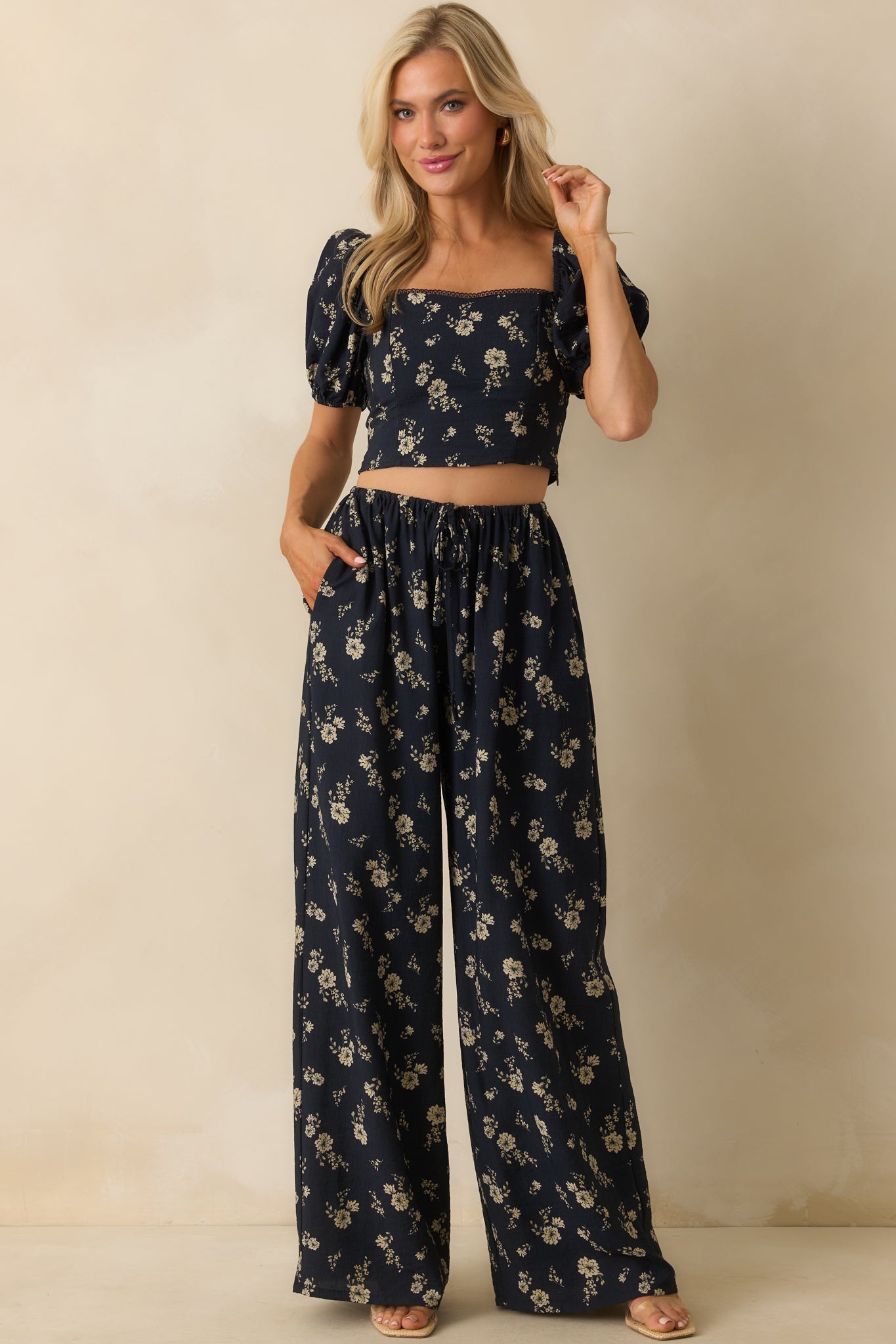 Calming Energy Navy Floral Print Wide Leg Drawstring Pants