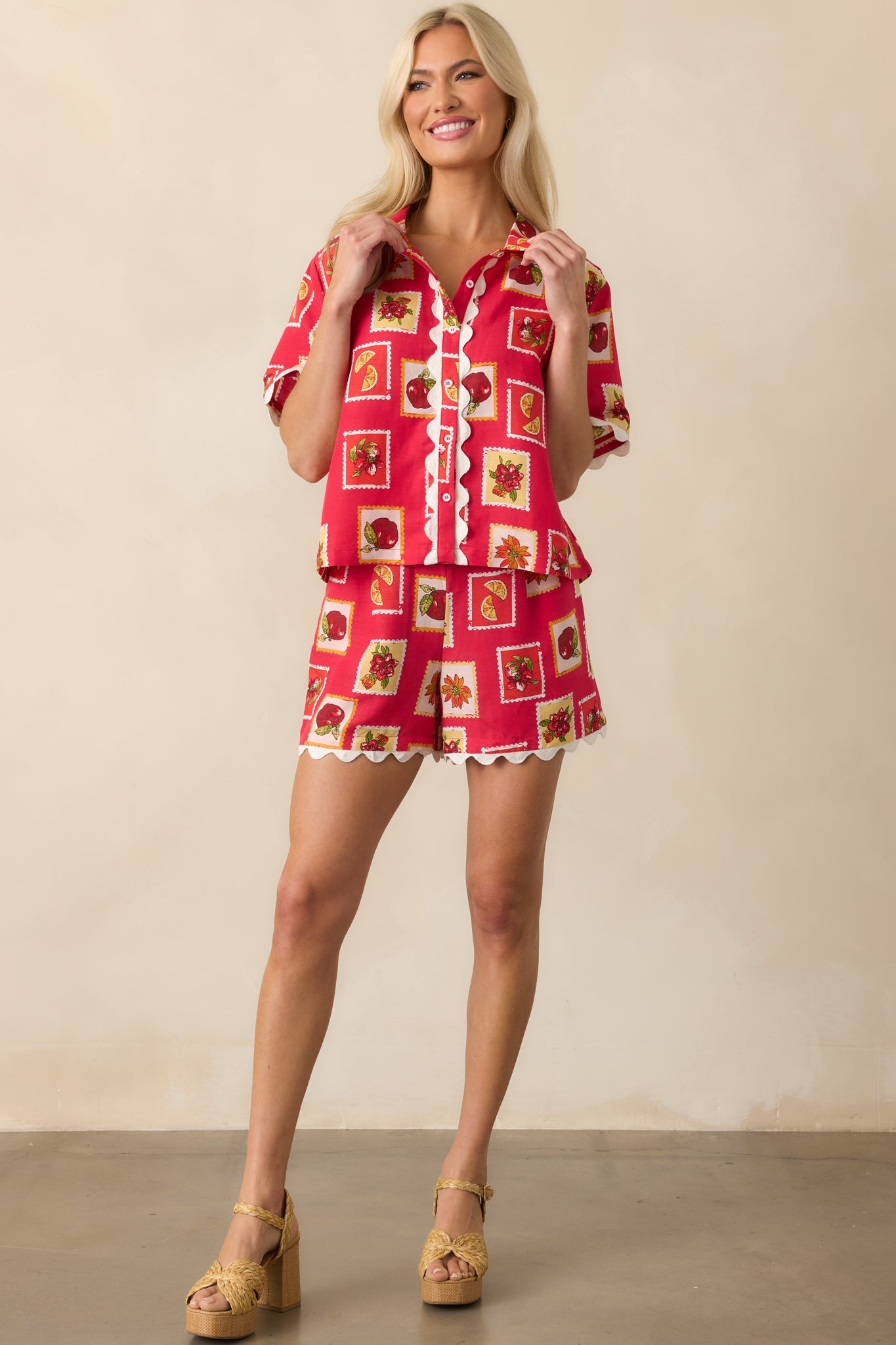 Peace Within Red Patchwork Print Linen Blend Button Front Top