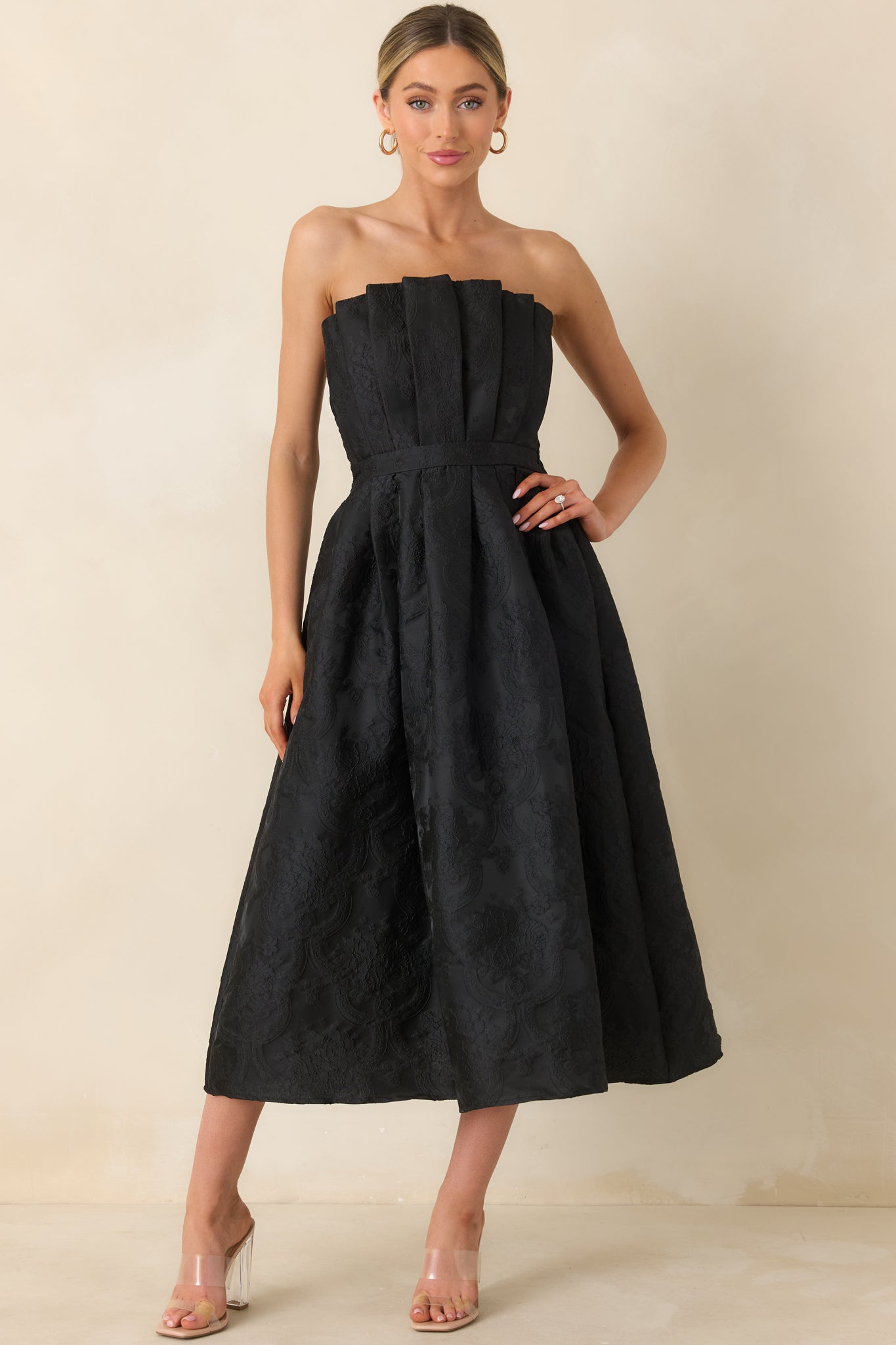 The Genevieve Black Jacquard Strapless Midi Dress
