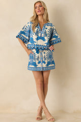 Aylaya Male Vibrant Blue & Ivory Cotton Tropical Print Mini Skirt