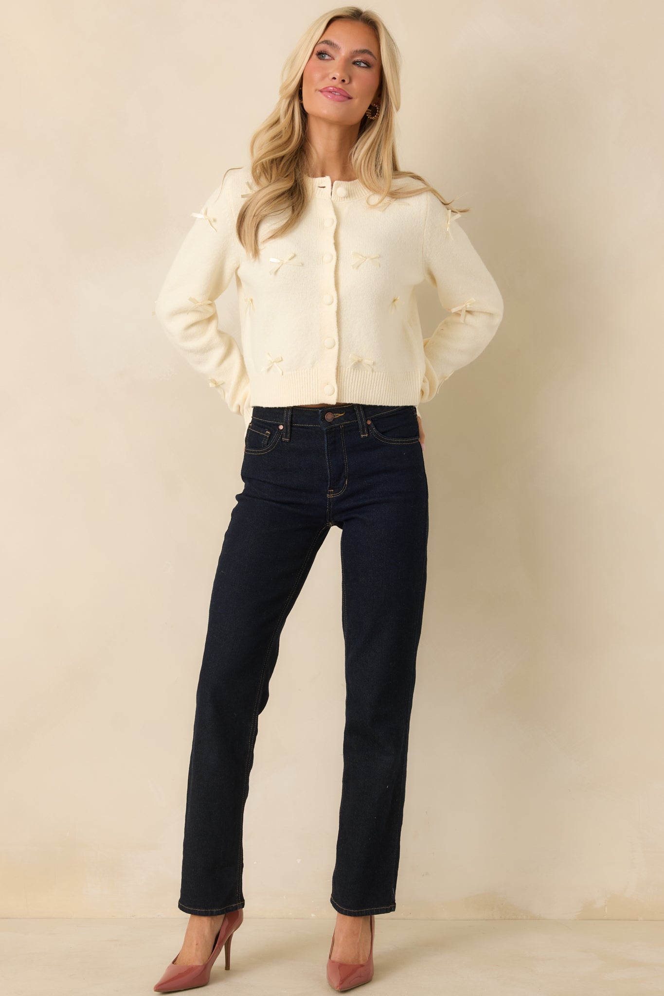 Little Love Notes Ivory Knit Bow Detail Button Front Cardigan Sweater