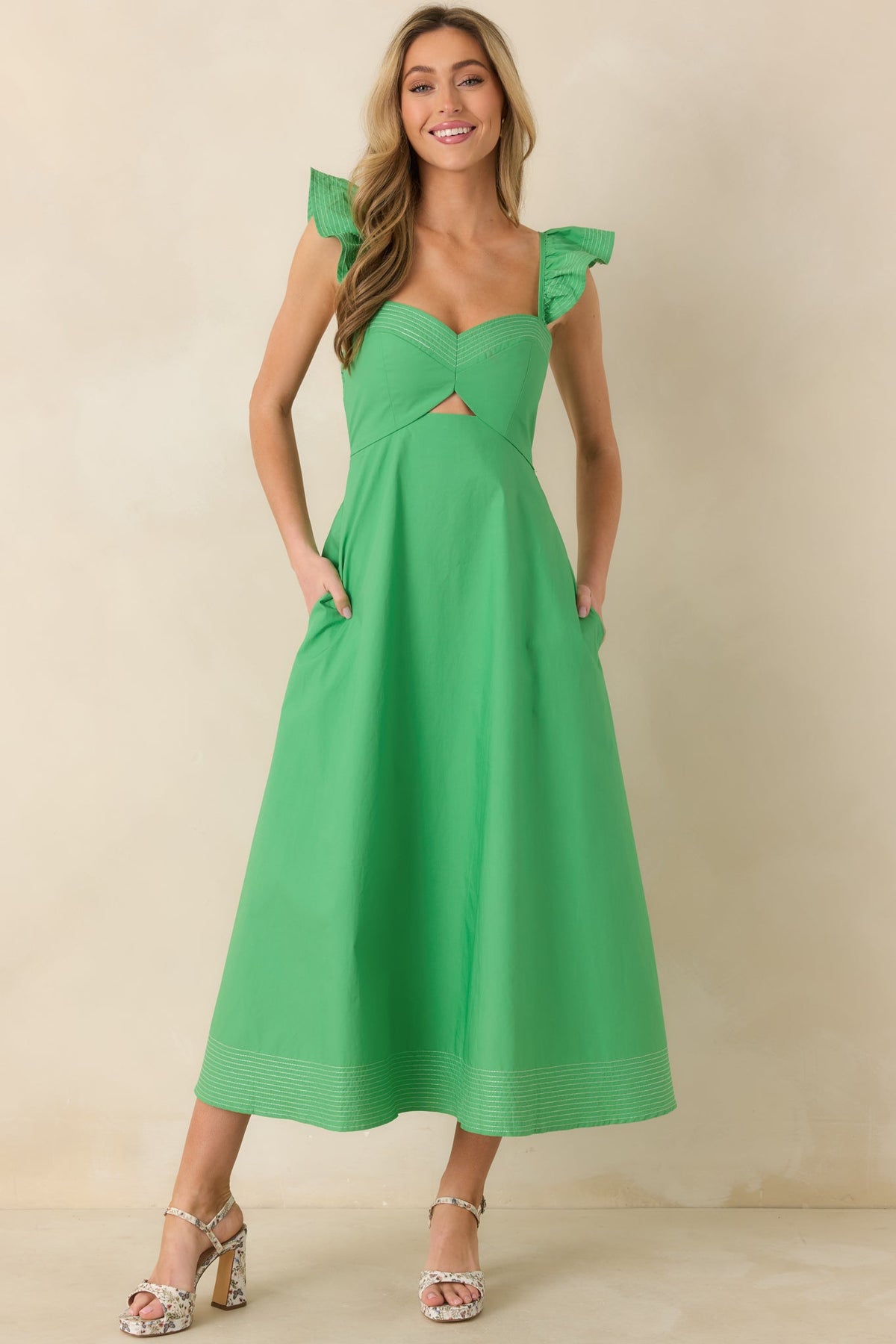 The Turning Point Green Cotton Cut Out Detail Flutter Sleeve Midi Dress