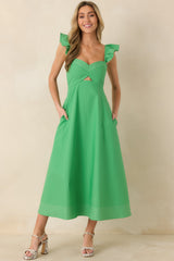 The Turning Point Green Cotton Cut Out Detail Flutter Sleeve Midi Dress