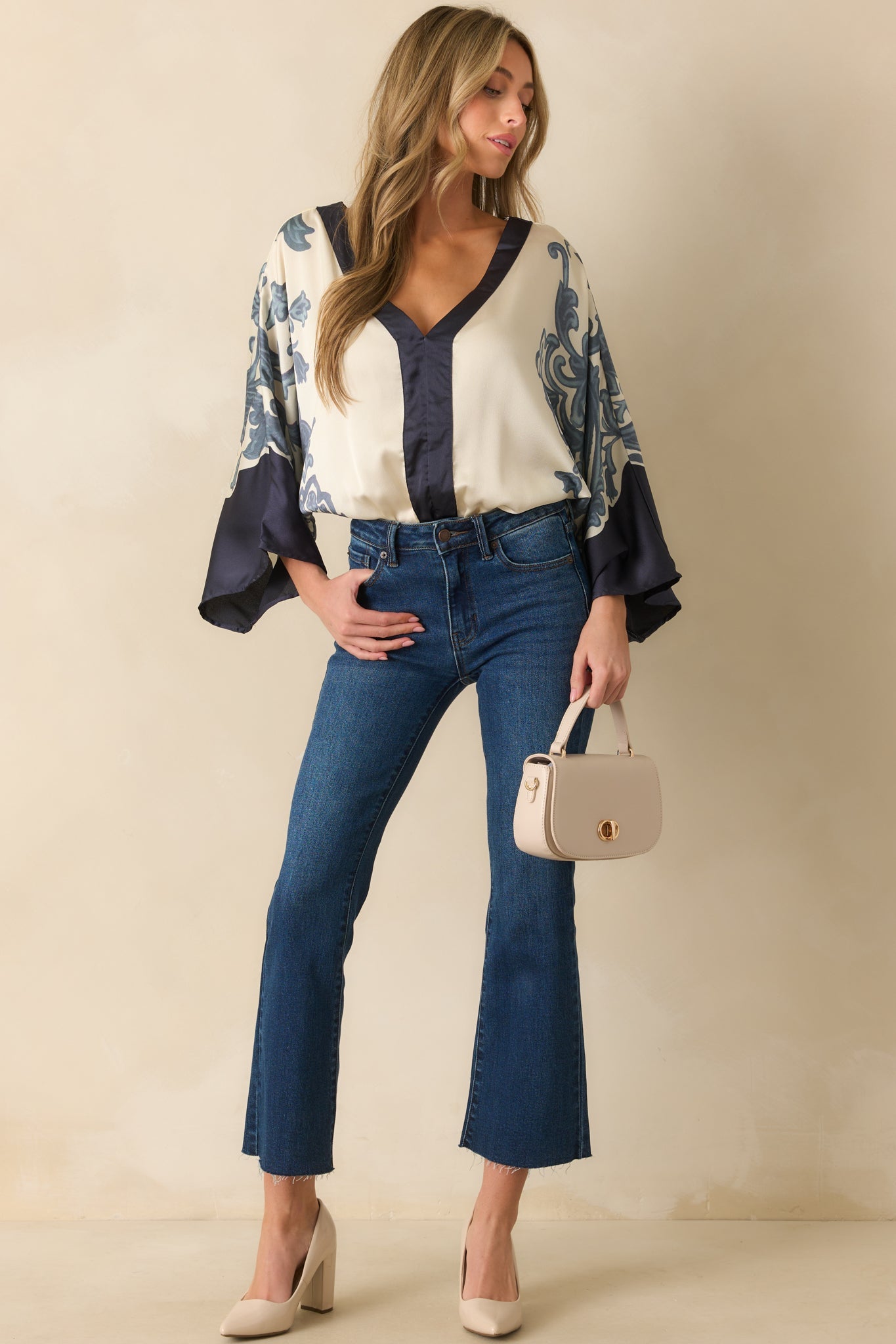 With That Said Navy Multi Print Contrast Trim Kimono Sleeve Bodysuit