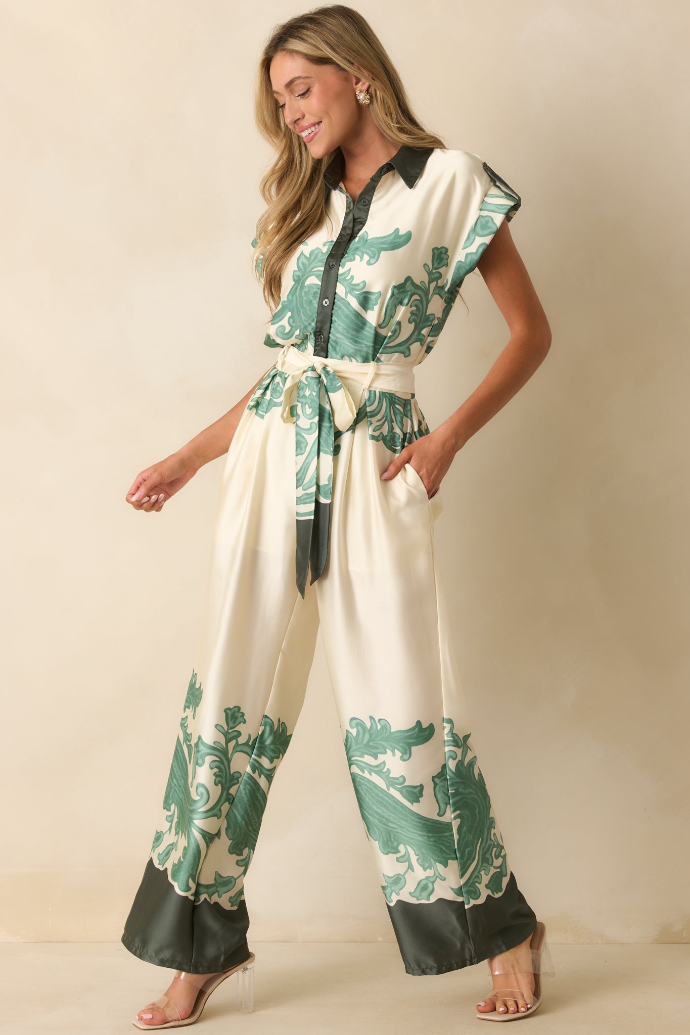 In So Many Words Green Multi Print Button Up Wide Leg Jumpsuit