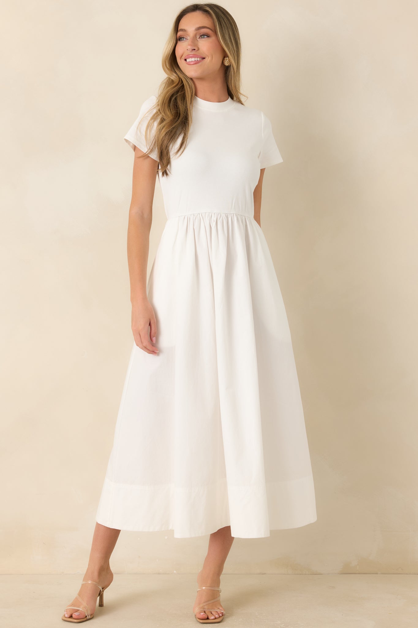 Prosperina Aria White Cotton Short Sleeve Midi Dress