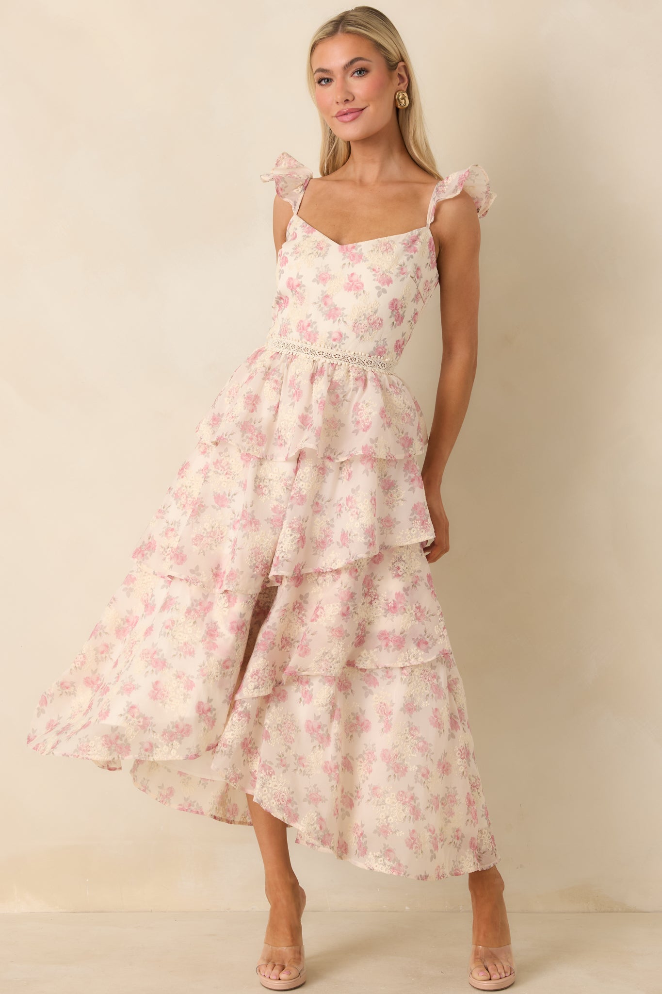 Blissful Garden Light Pink Floral Flutter Sleeve Maxi Dress