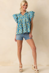 Window Shopping Blue Floral Cotton Flutter Sleeve Top