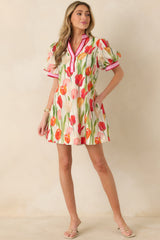 Bright Days Ahead Red Tulip Print Cotton Short Sleeve Mini Dress