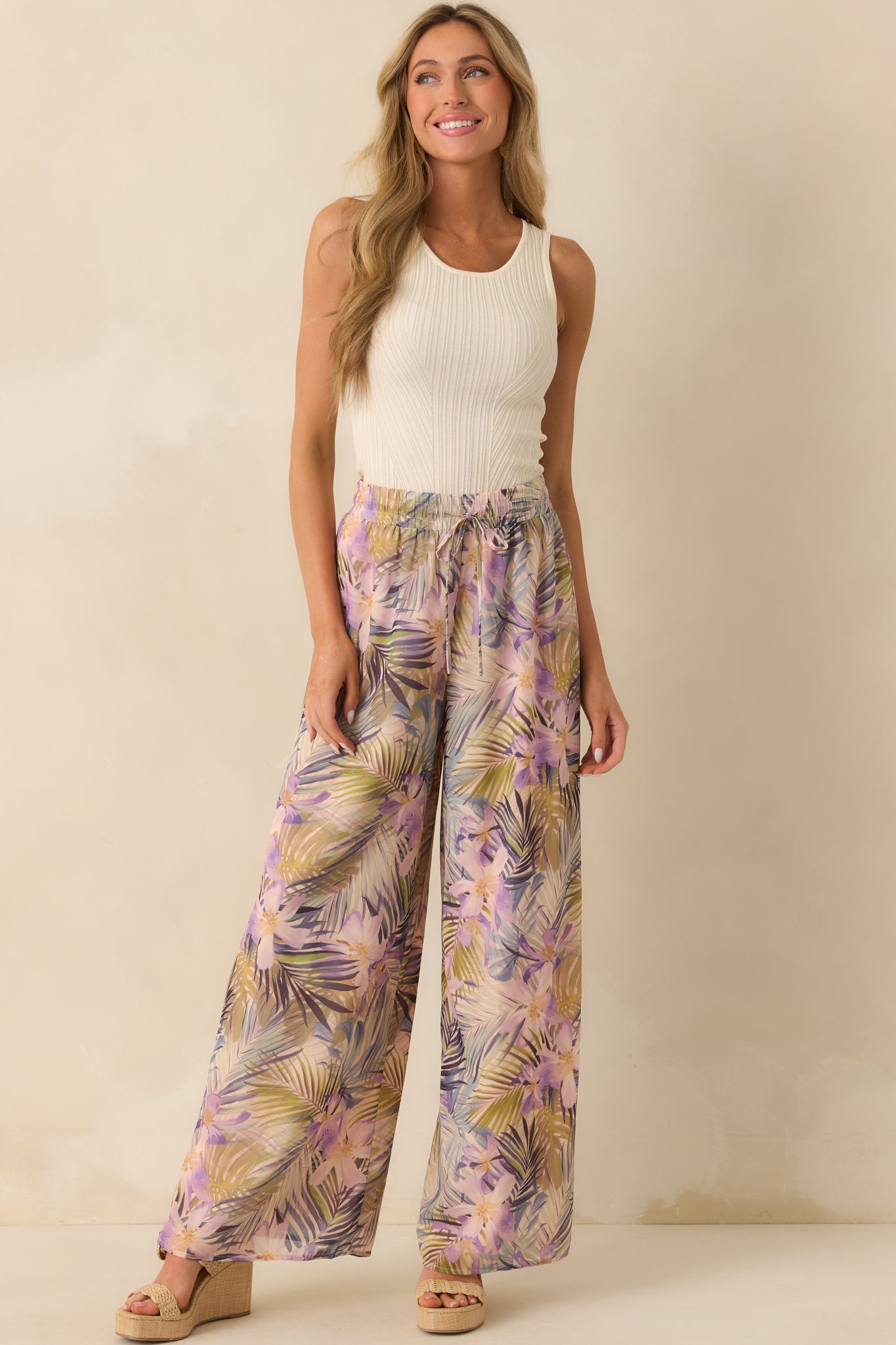 Sunlight All Around Light Pink Tropical Print Wide Leg Pants