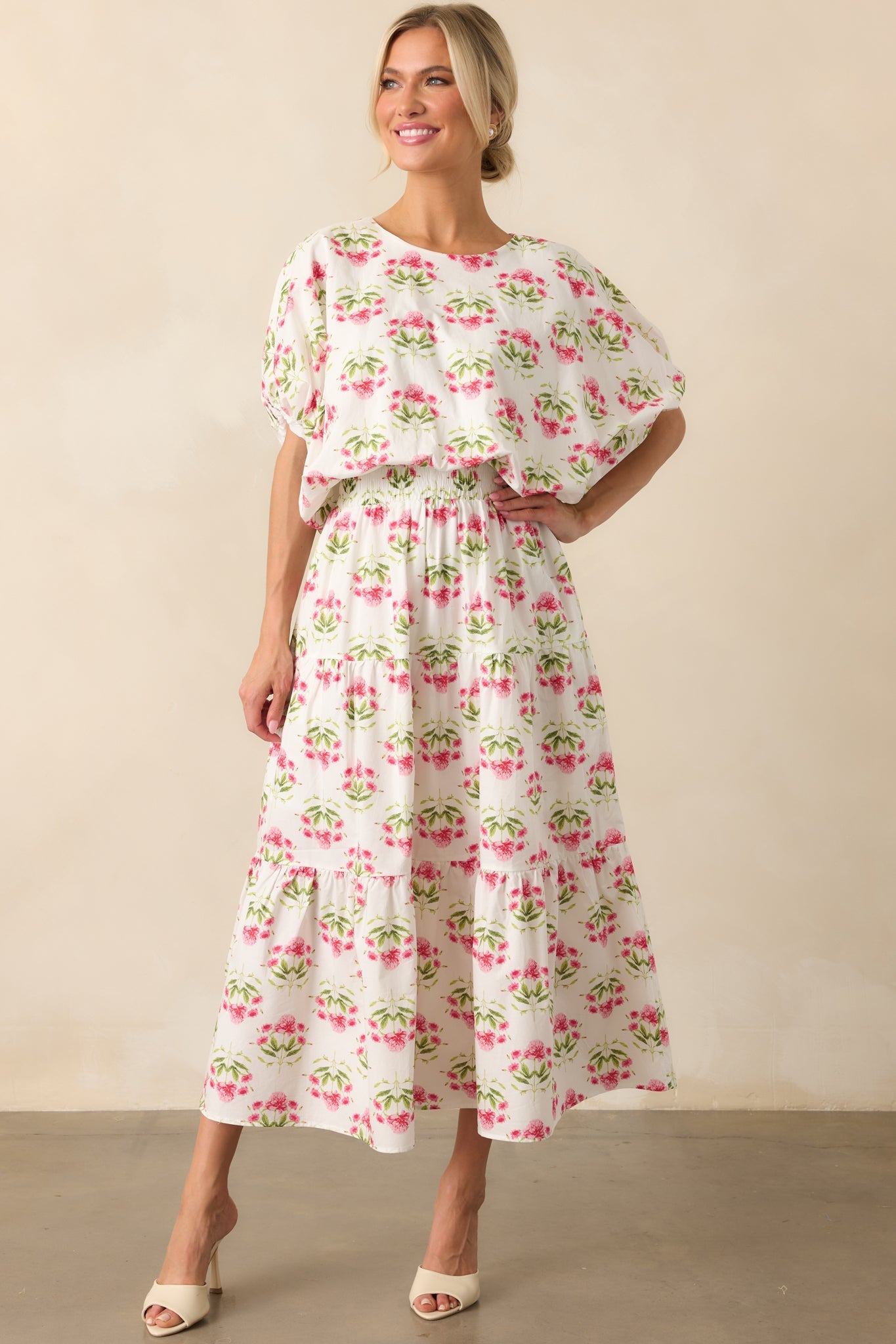 Smiles Are Contagious Pink Floral Cotton Tiered Maxi Skirt