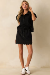 In Passing Black Cotton Scallop Hem Drawstring Mini Skirt