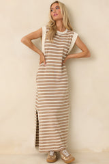 Keep It Straight Taupe Stripe Stretch Knit Maxi Dress