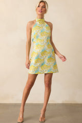 Nights We Needed Yellow Floral Print Jacquard Halter Mini Dress