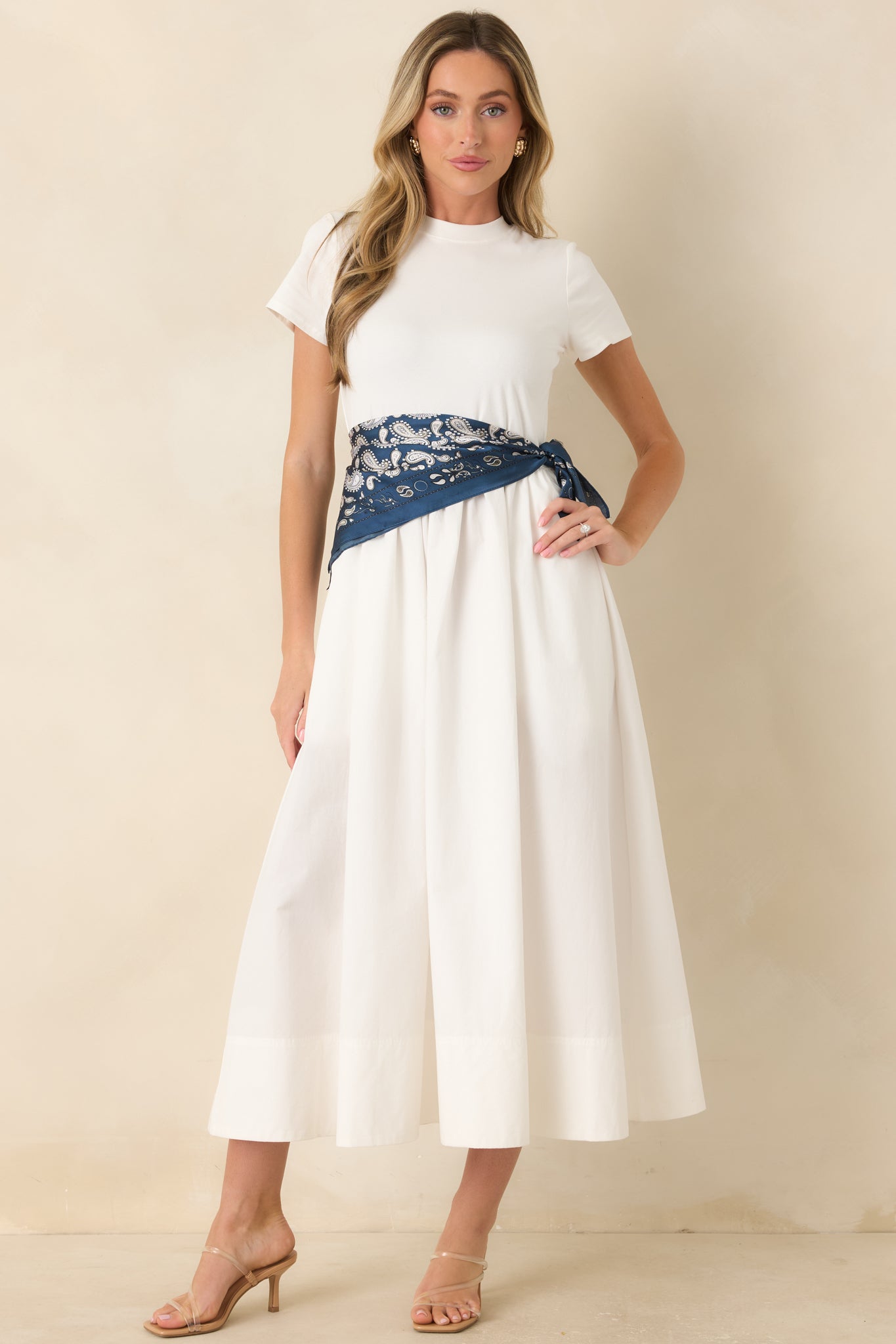 Prosperina Aria White Cotton Short Sleeve Midi Dress