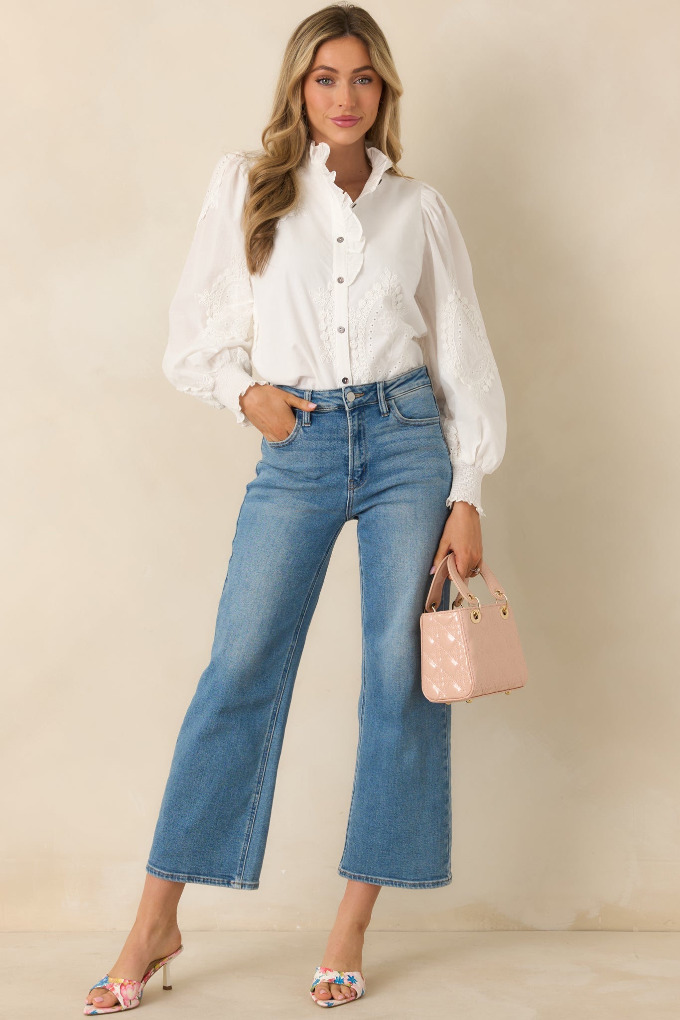 I Will Be Here White Eyelet Appliqué Detail Cotton Long Sleeve Blouse