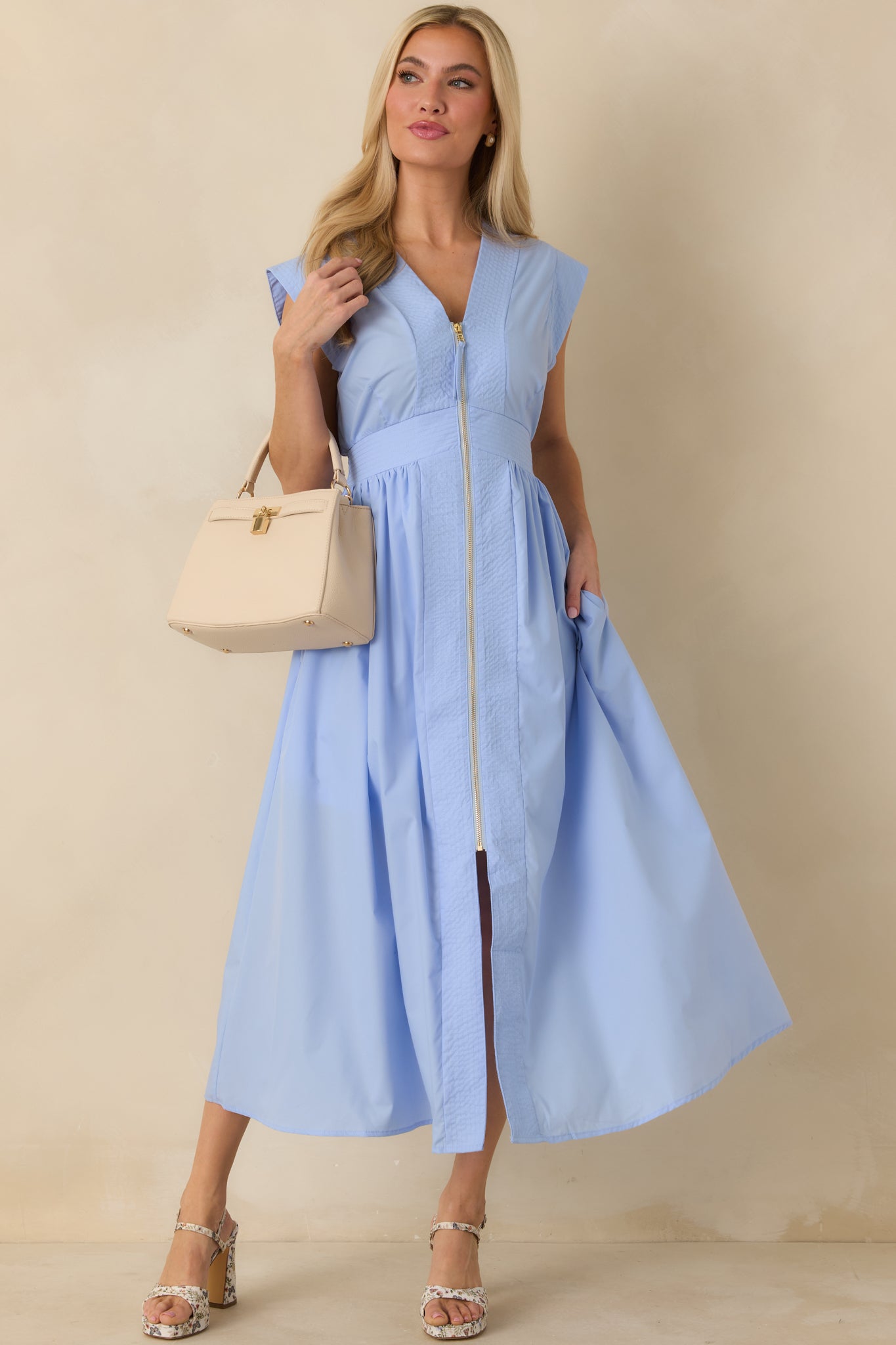 The Adeline Light Blue Zip Up Midi Dress