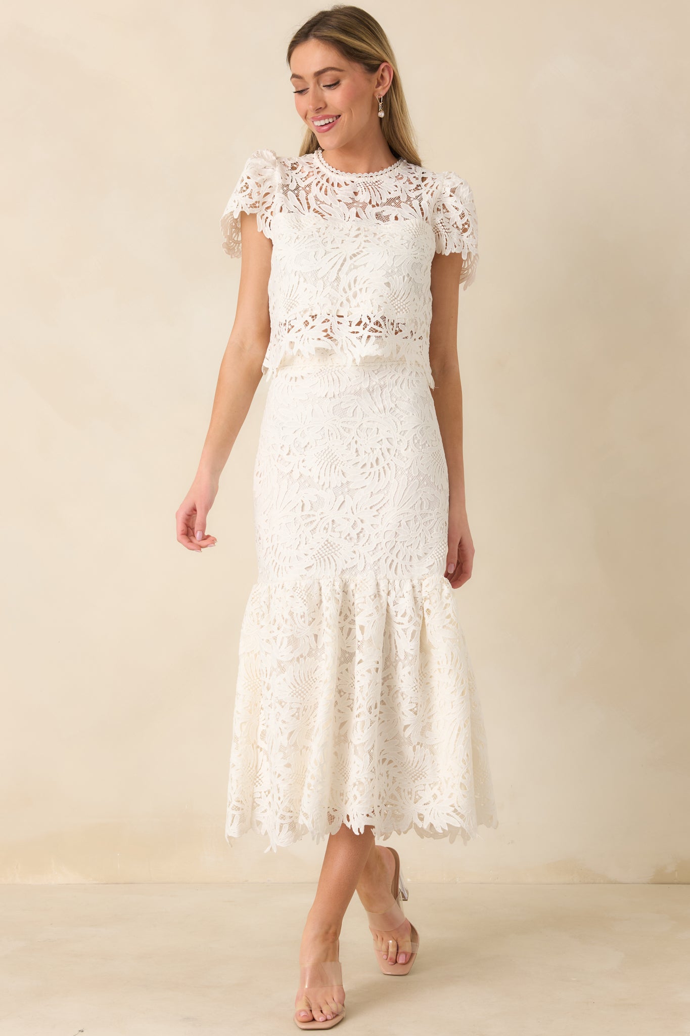 Forever Begins Ivory Floral Lace Midi Skirt