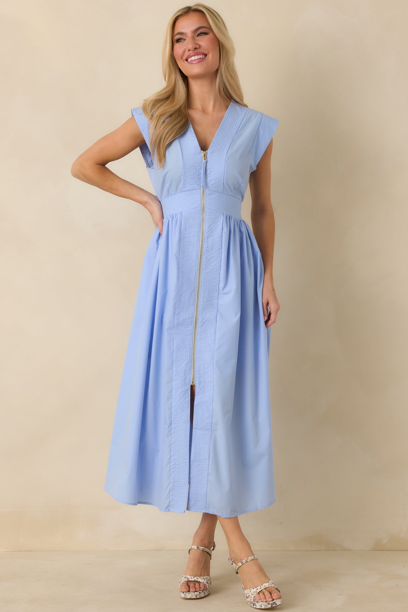 The Adeline Light Blue Zip Up Midi Dress