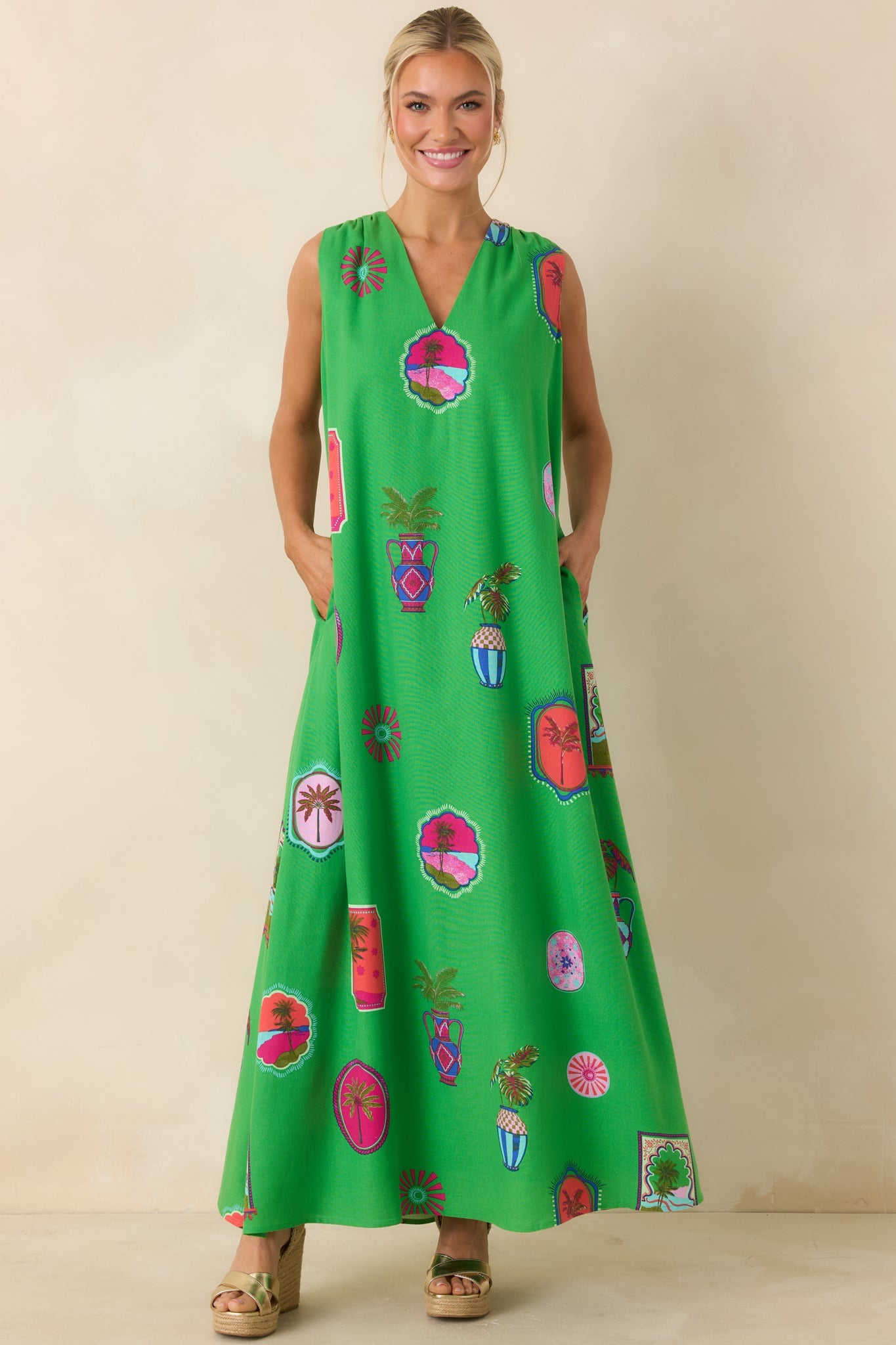 Send Me A Postcard Green Multi Tropical Print Maxi Dress