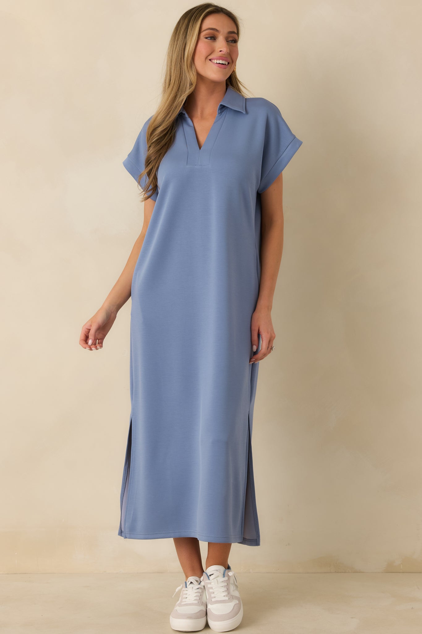 Made The Right Call Chambray Blue Collared Midi T-Shirt Dress