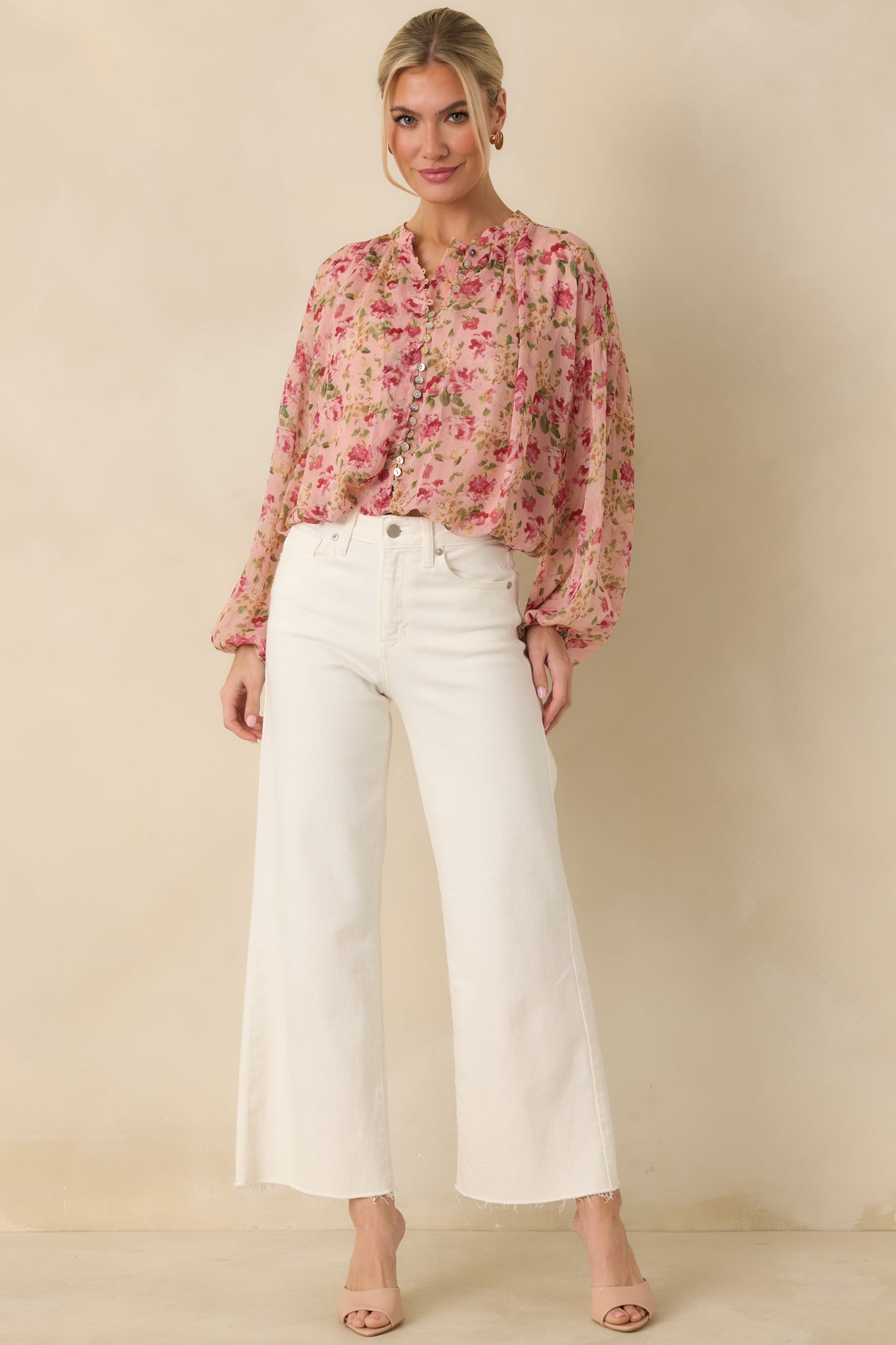 Where Roses Drift Blush Pink Multi Floral Sheer Blouse