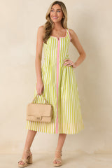 All Smiles Green & Pink Stripe Cotton Midi Dress