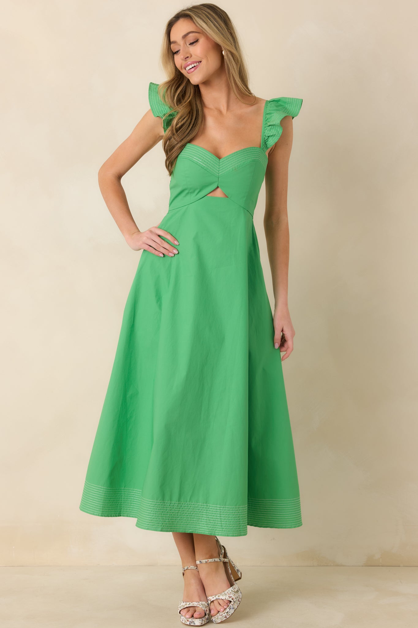 The Turning Point Green Cotton Cut Out Detail Flutter Sleeve Midi Dress