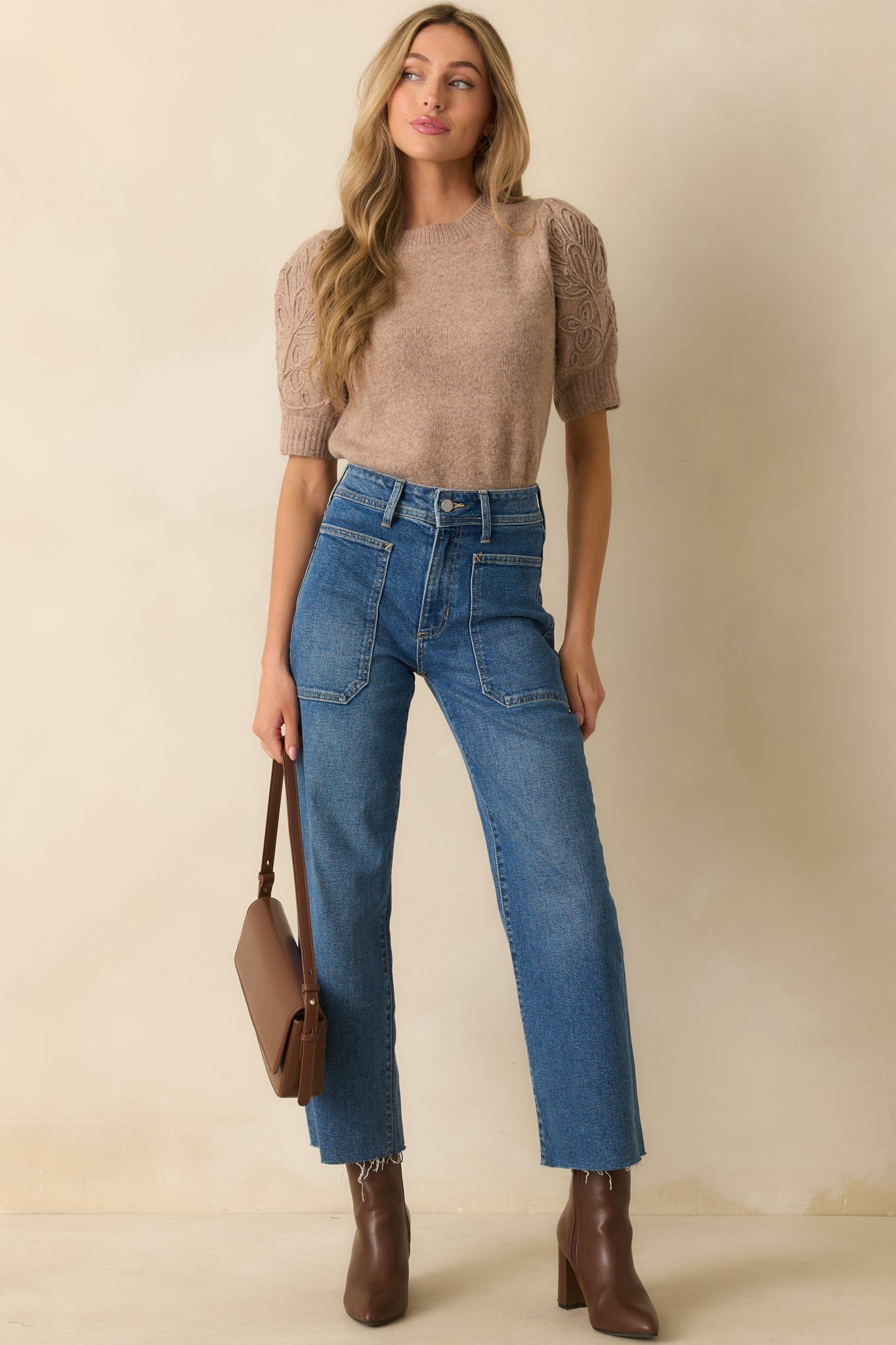 Warm Intuition Mocha Knit Embroidered Puff Sleeve Sweater