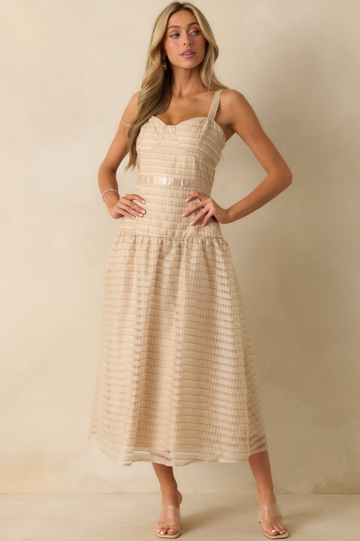 Know Better Tan Embroidered Drop Waist Maxi Dress