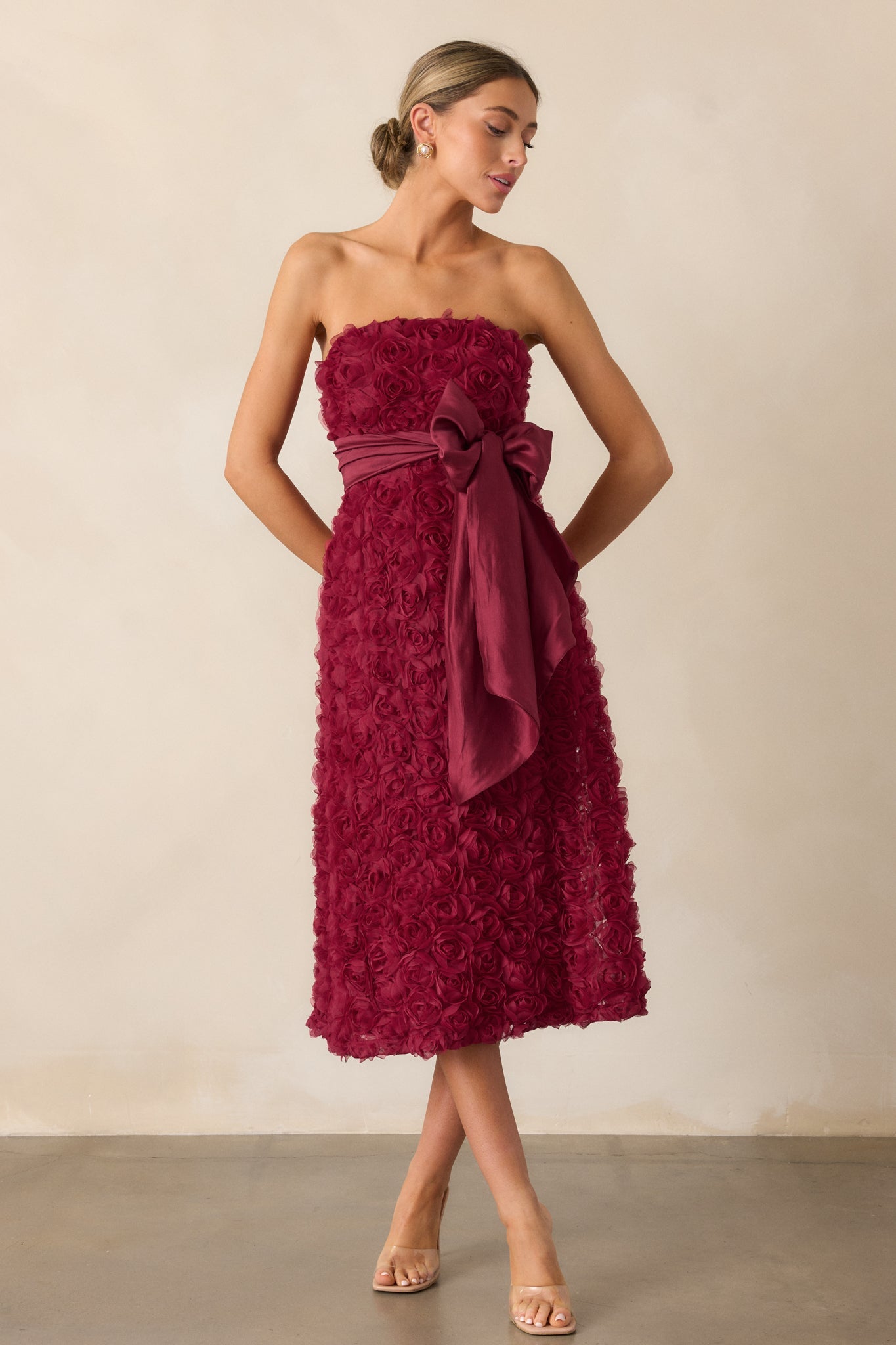 Raising The Bar Wine Red Floral Applique Midi Dress