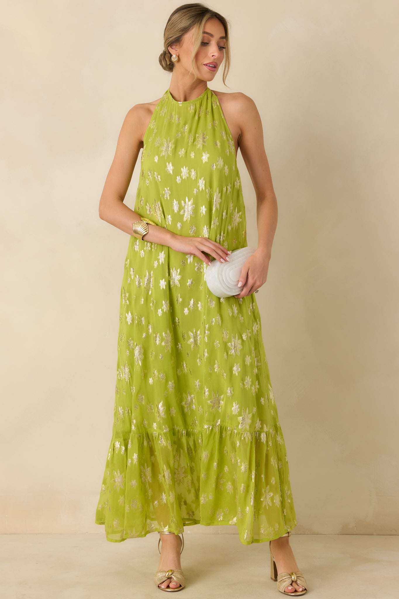 Glow With Grace Chartreuse Metallic Floral Halter Maxi Dress