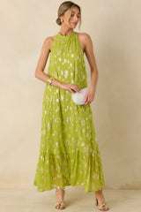 Glow With Grace Chartreuse Metallic Floral Halter Maxi Dress