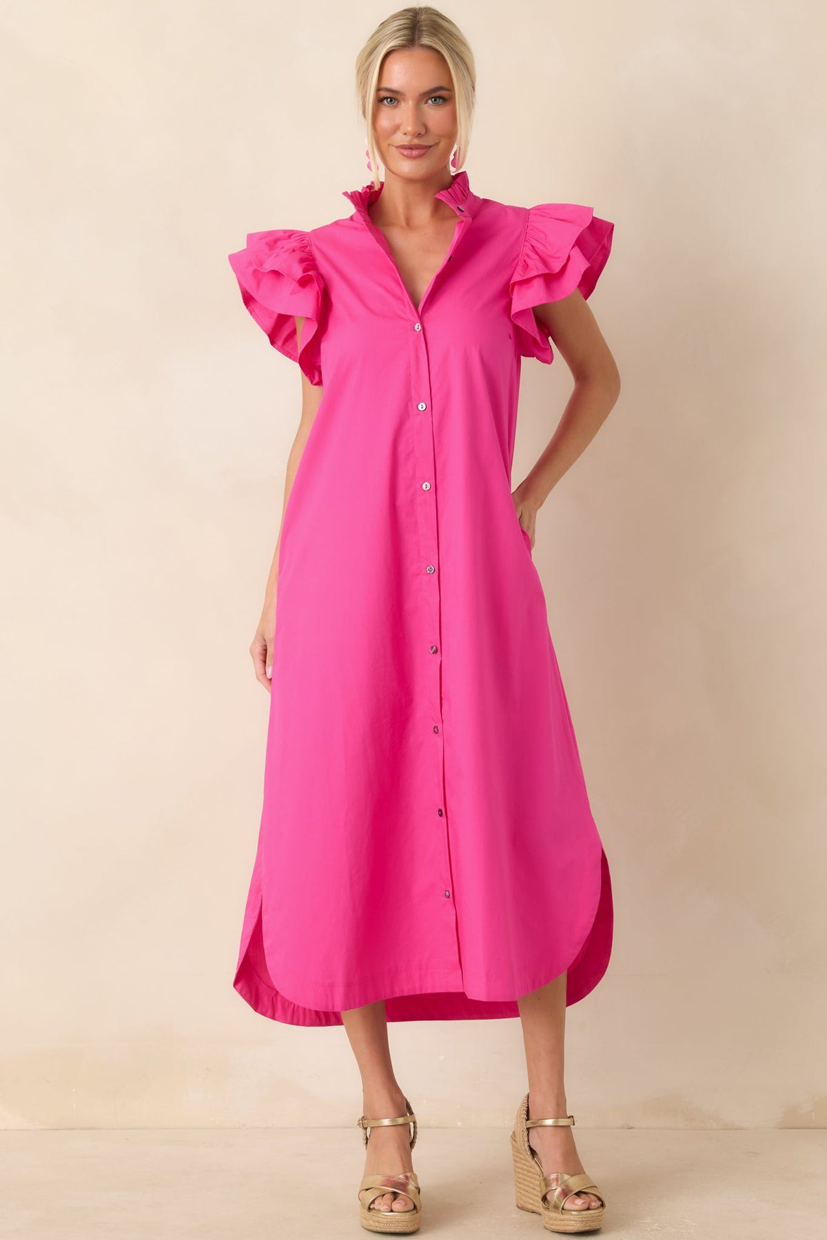 Exactly As Planned Fuchsia Cotton Ruffle Button-Front Midi Dress