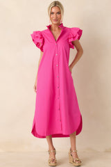Exactly As Planned Fuchsia Cotton Ruffle Button-Front Midi Dress