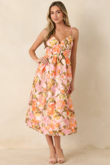 Blushing Bouquet Pink & Orange Floral Midi Dress