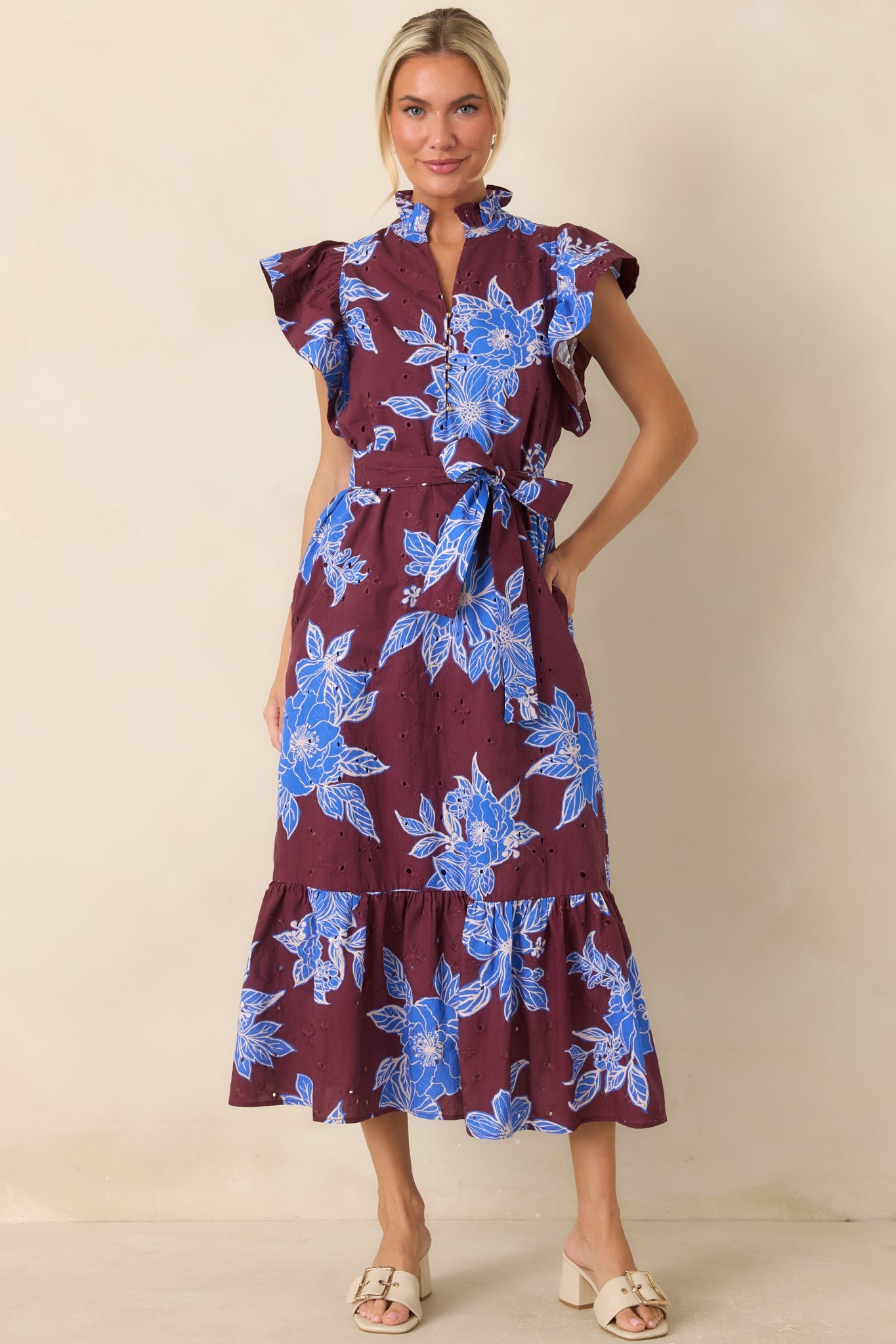 Fresh Air Affair Wine & Cobalt Floral Cotton Eyelet Midi Dress