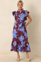 Fresh Air Affair Wine & Cobalt Floral Cotton Eyelet Midi Dress